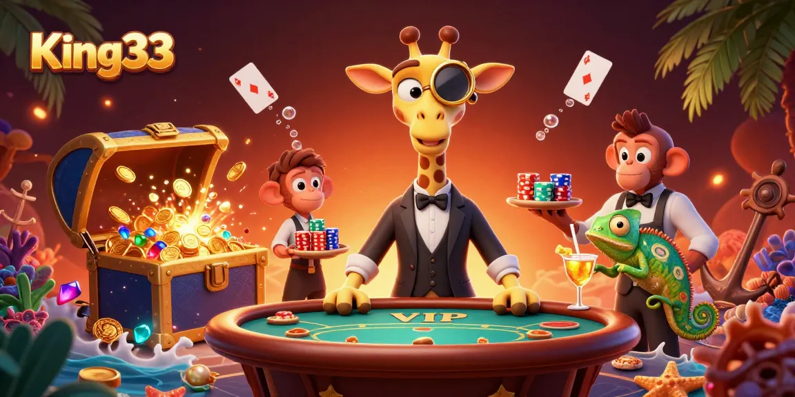 Experience King33 excitement with a high-roller giraffe, monkey valet, and chameleon bartender amid vibrant casino elements.