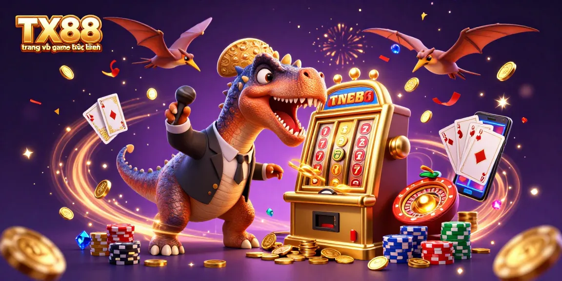 TX88 trang web game trực tuyến features a dinosaur-themed casino scene with coins and excitement.