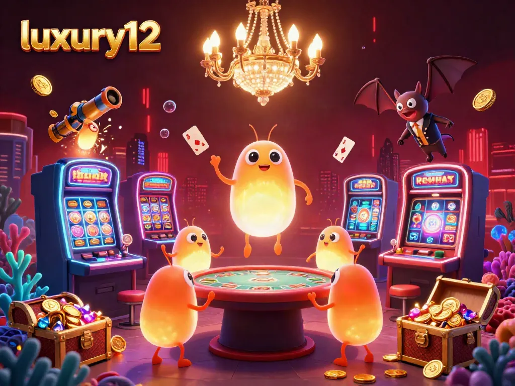 Experience joyful gaming at luxury12 with a colorful casino scene lit by glowworms and vibrant games.
