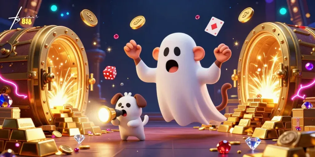 Catch thrilling casino experiences with tk 888 as a playful poltergeist monkey laterally juggles gold coins, cards, and chips.