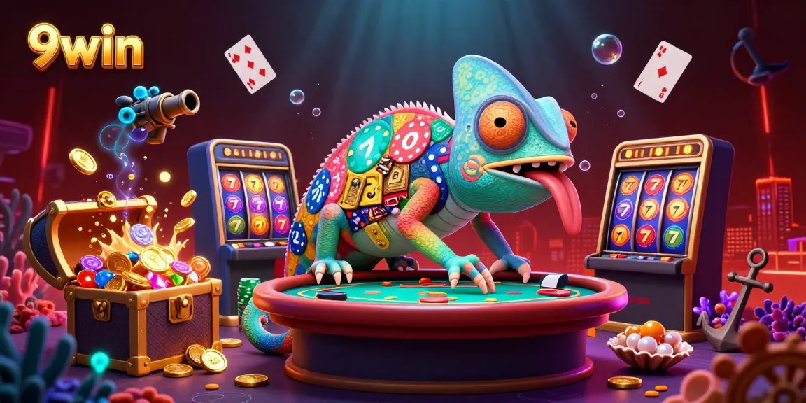 Experience the excitement of 9win with a lively chameleon casino owner and dynamic gambling elements.
