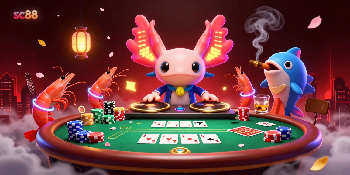 Experience thrilling gameplay at SC88 featuring a neon axolotl DJ with vibrant characters and poker elements.