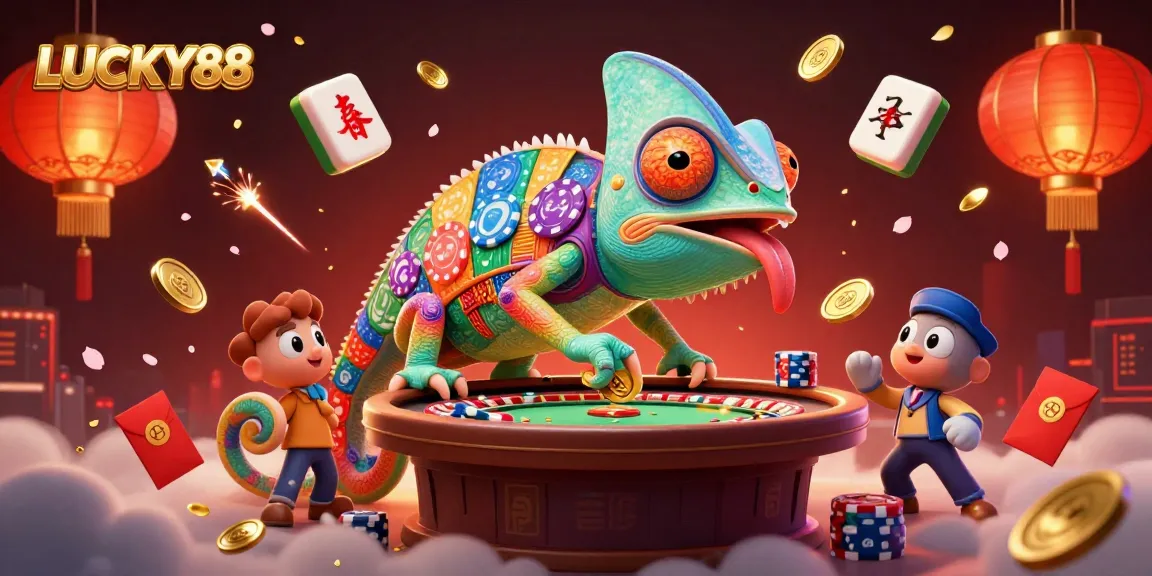 LUCKY88 chameleon casino owner snatching coins, surrounded by vibrant gambling elements