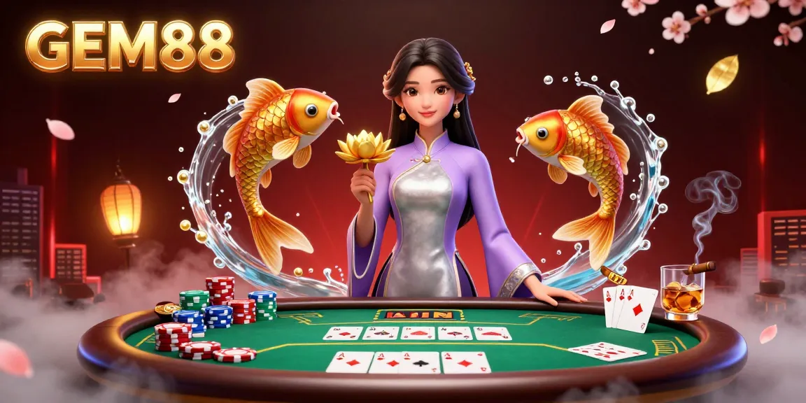 Experience GEM88's thrilling casino atmosphere with an elegant Asian woman and festive gaming elements.