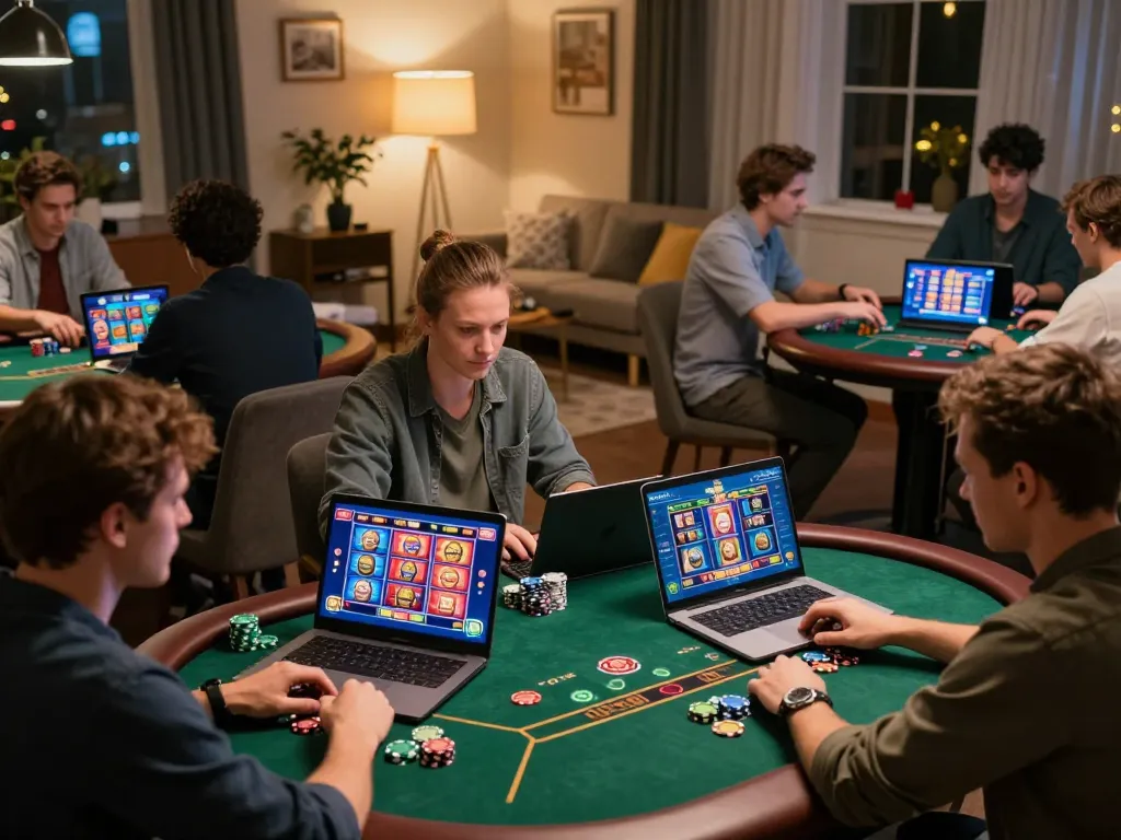 KJC users excitedly playing various casino games online, showing vibrant engagement and responsible gaming practices.