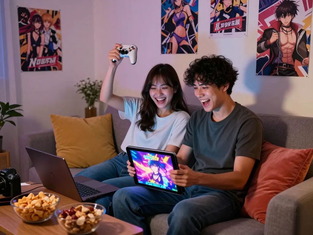 Couple enjoying a playful session with a hentai game on cozy couch, illuminated screens reflecting vibrant graphics.