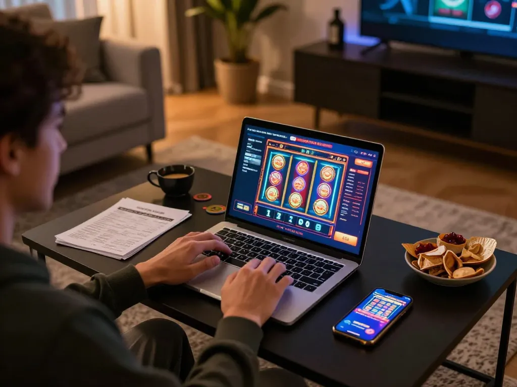 Player engages with 75W online casino laptop gameplay, showcasing vibrant slot games and strategic betting.