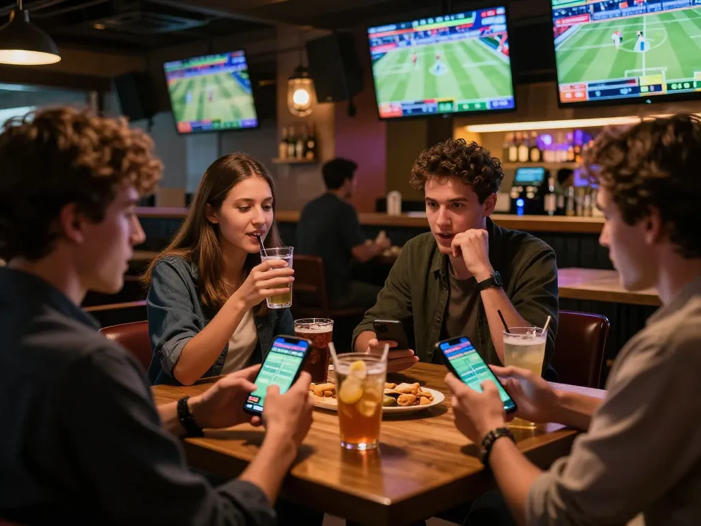 Soi kèo action at a lively sports betting bar, friends engaged in discussions while analyzing stats on smartphones.