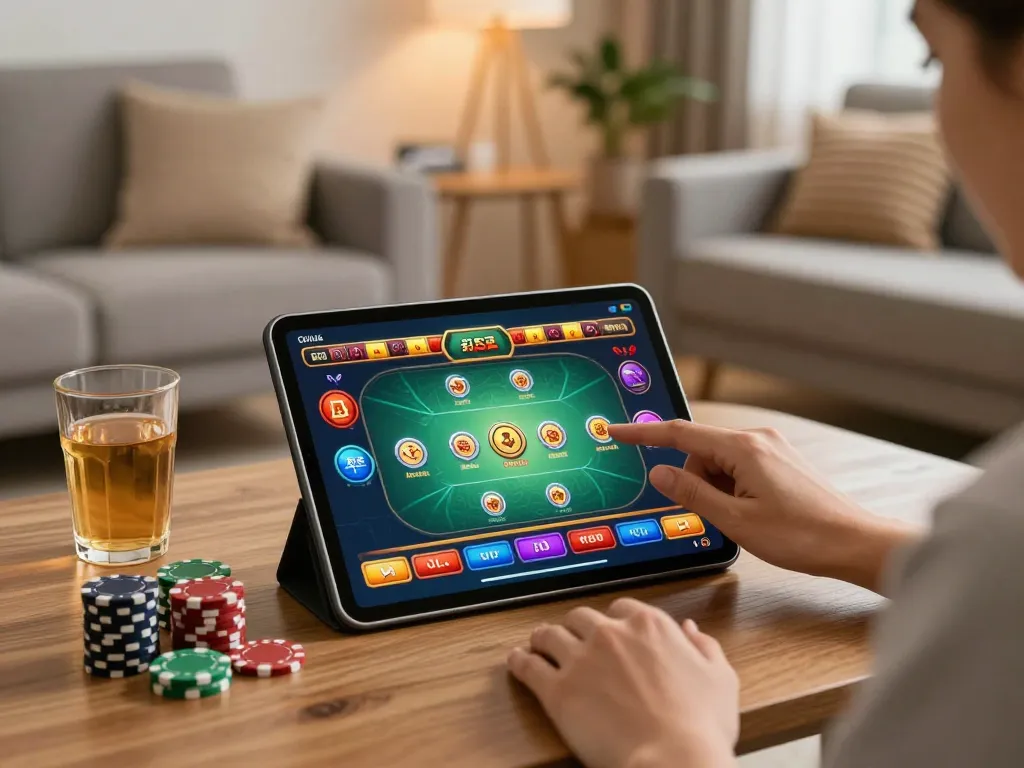 Engaging gameplay on gg88 casino app, showcasing a winning poker hand on a tablet in a cozy home setting