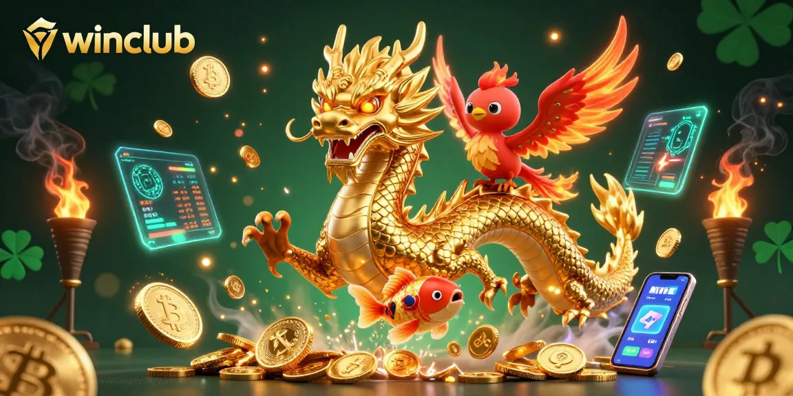 Engage with iwinclub's thrilling casino adventures featuring a dragon and phoenix amid glowing crypto coins.