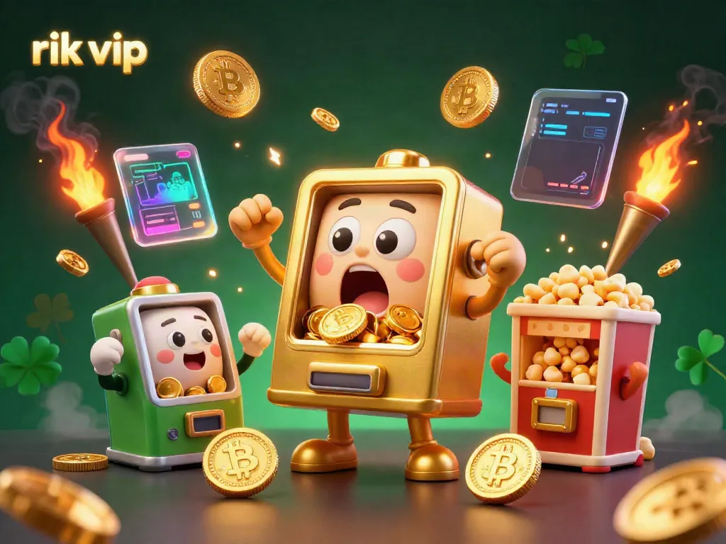 Experience the excitement at rik vip with a lively golden slot machine hitting a jackpot amidst cheering mini slots and glowing crypto elements.
