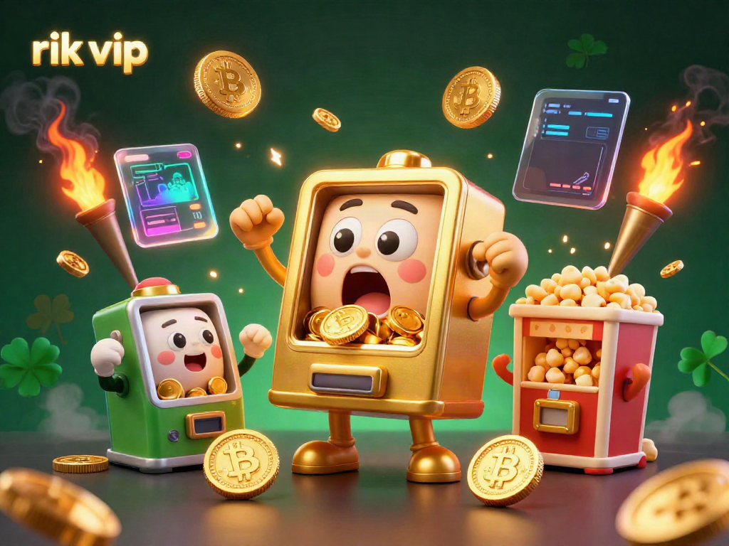 Experience the excitement at rik vip with a lively golden slot machine hitting a jackpot amidst cheering mini slots and glowing crypto elements.