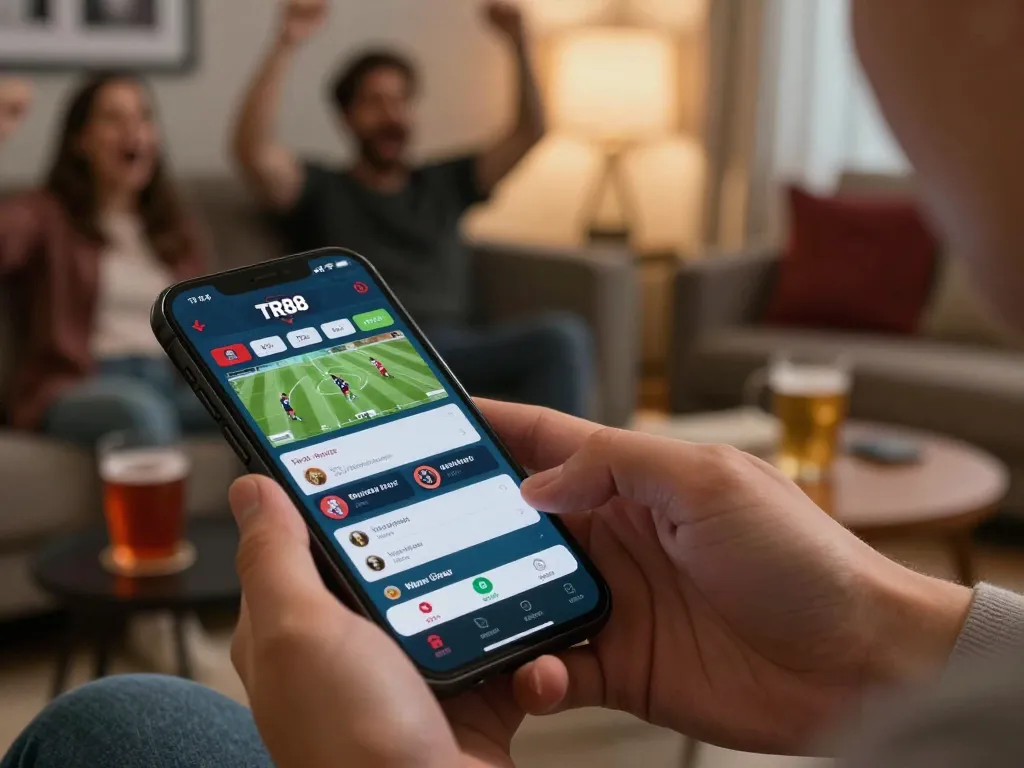Engaging in the TR88 betting app on a smartphone amidst a lively sports viewing party.