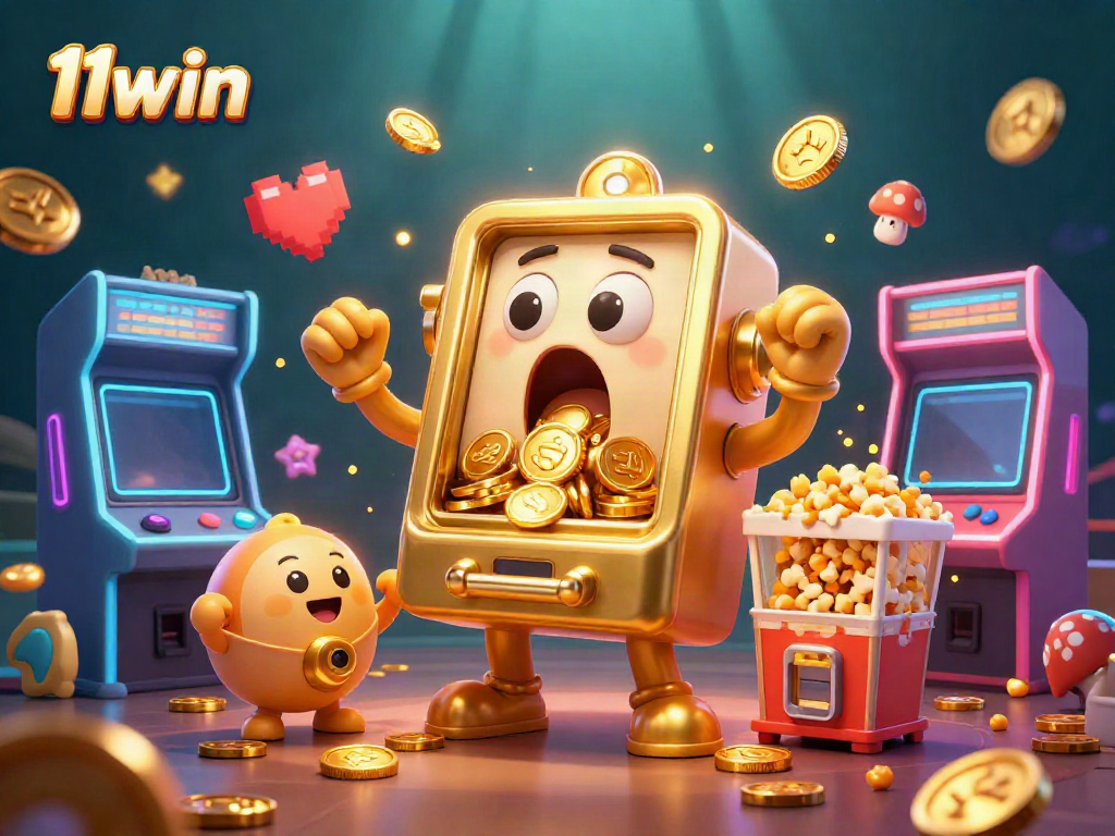 Experience the exciting jackpot moment at 11win, with cheerful slot machines and golden coins spilling joyfully.