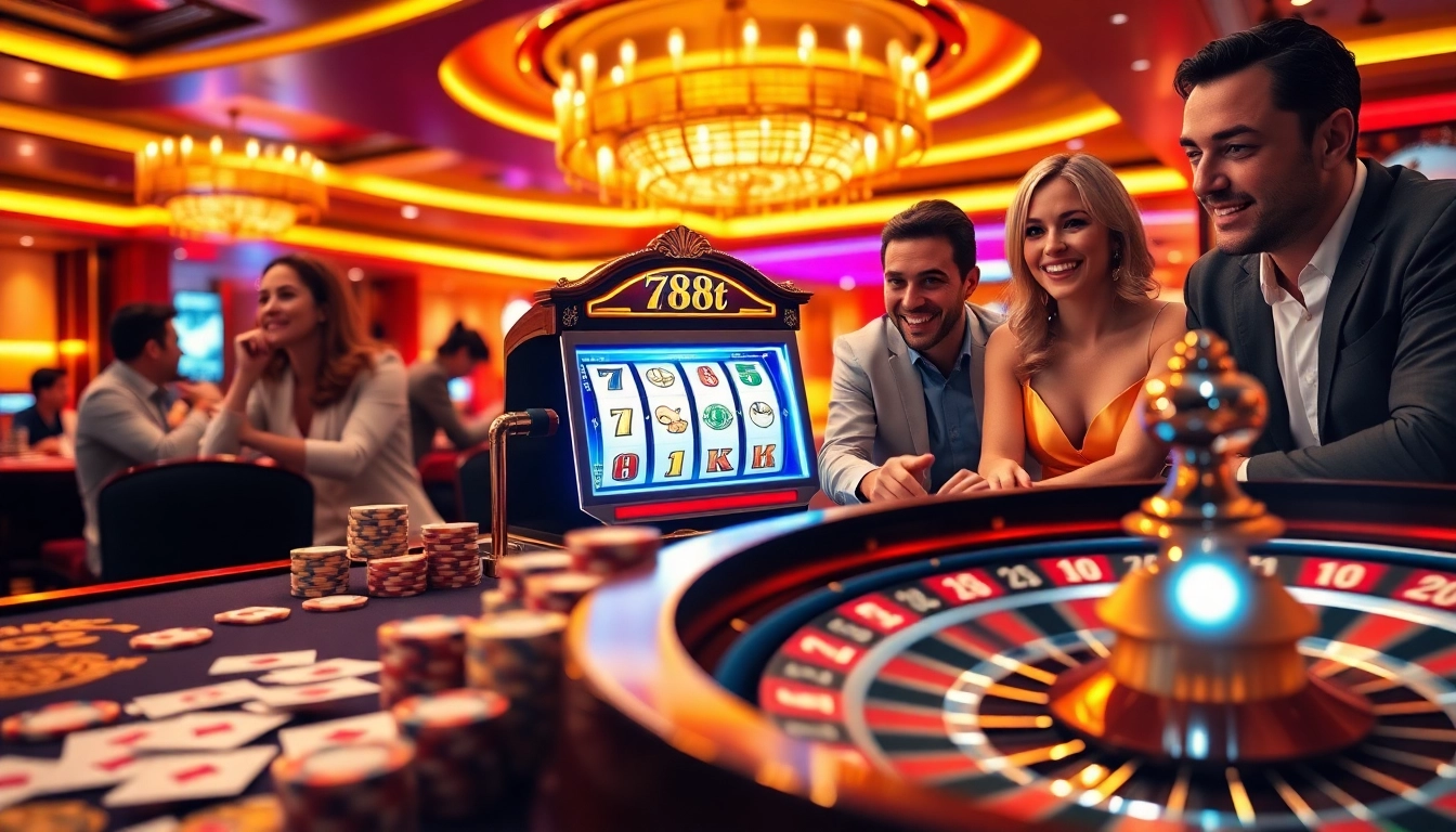 Players enjoying a vibrant casino experience at 788t with slots and poker tables.