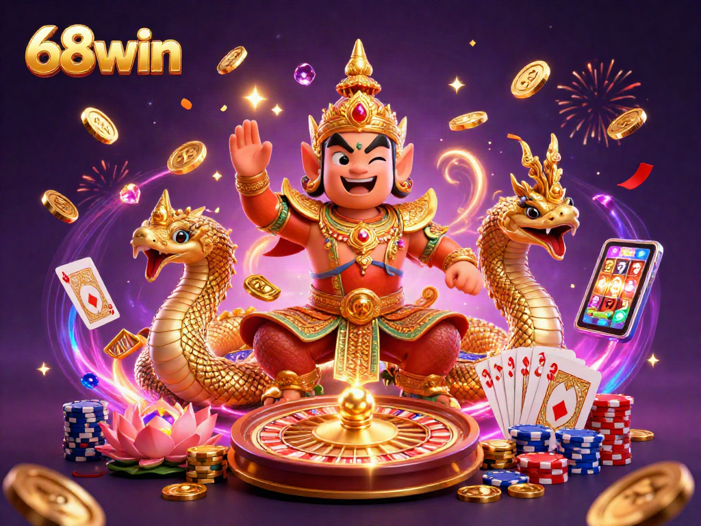 Engage with the thrilling world of 68win through this vibrant 3D casino illustration.