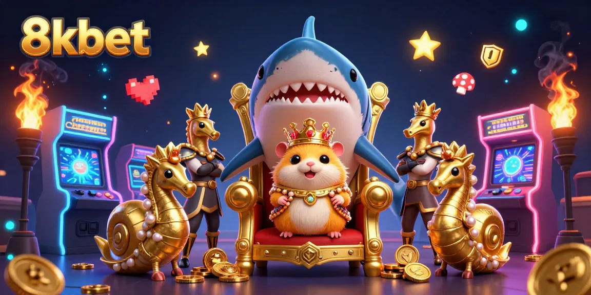 Engage with 8kbet's vibrant casino gaming experience illustrated with a fierce hamster king and dynamic arcade elements.