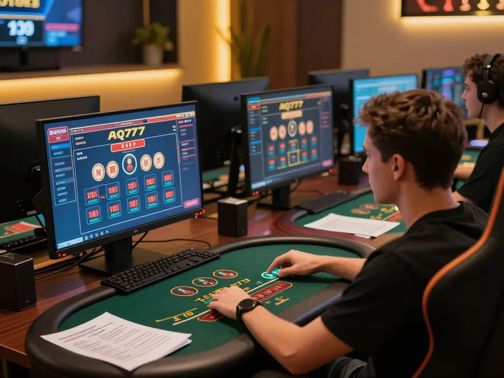 Jogador da AQ777 participando de um dinâmico jogo de blackjack online, demonstrando tomada de decisão estratégica.