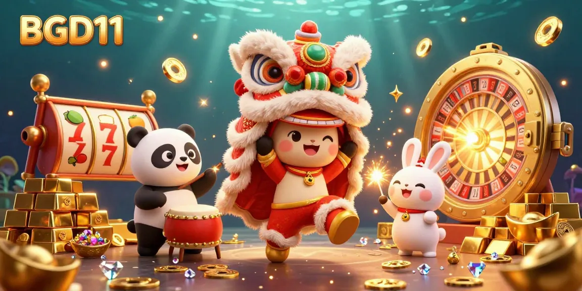 Win big with BGD11's vibrant casino action featuring a lion dance, slots, and treasure.