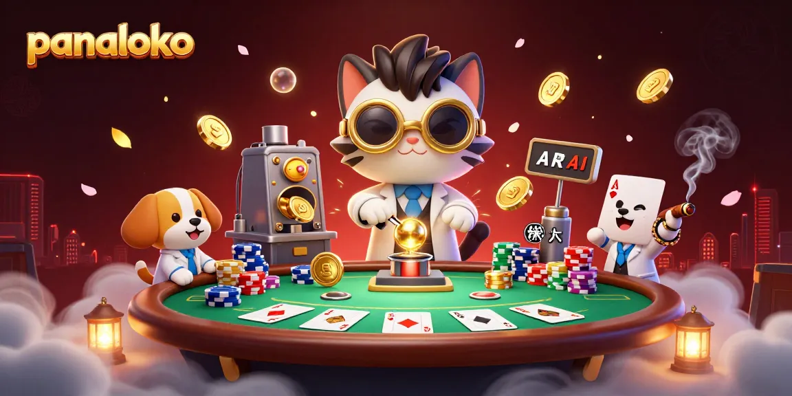 Panaloko's exciting gaming scene showcases a mad scientist cat and dog amidst poker chips and card games.