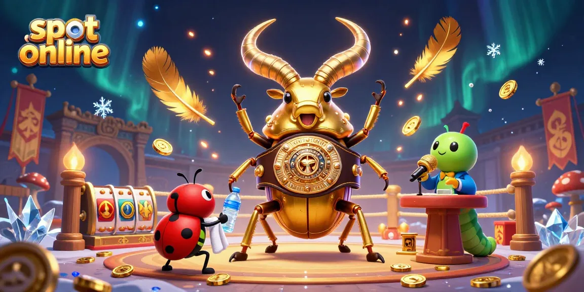 Spin the reels in a vibrant 3D slot online illustration depicting a golden stag beetle and lively characters.