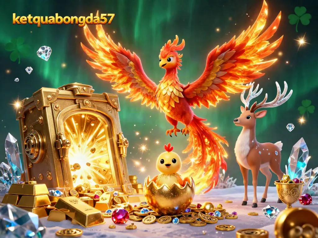 Experience thrilling wins with ketquabongda57's captivating 3D casino scene featuring a phoenix and treasures.