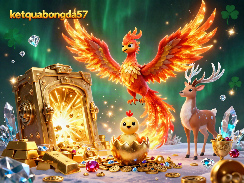 Experience thrilling wins with ketquabongda57's captivating 3D casino scene featuring a phoenix and treasures.