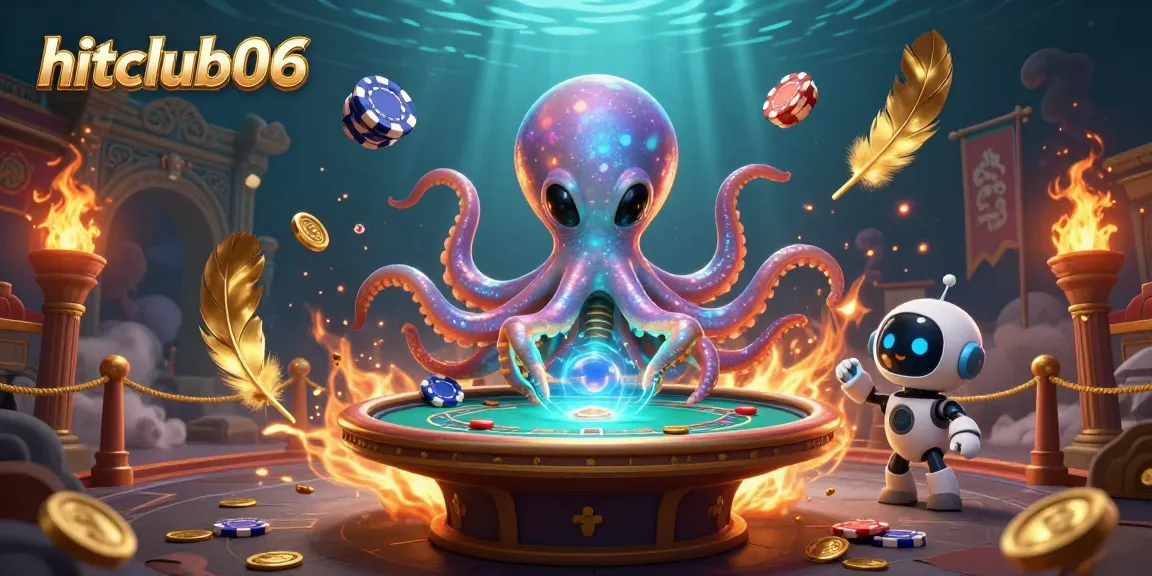 Play poker with innovative strategies at hitclub06, featuring a vibrant alien octopus and a cheerful robot.