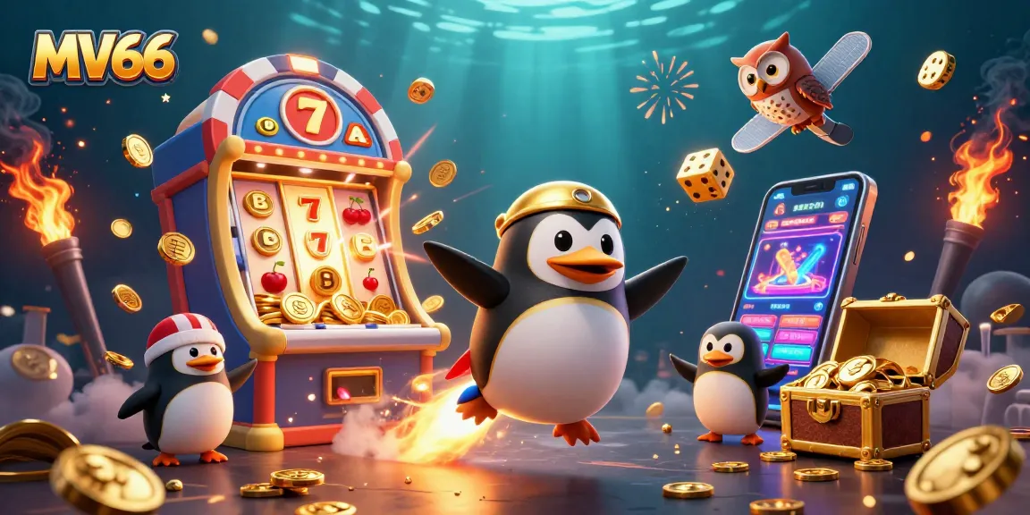 Experience the excitement of MV66 casino with a golden penguin racing through a jackpot explosion!