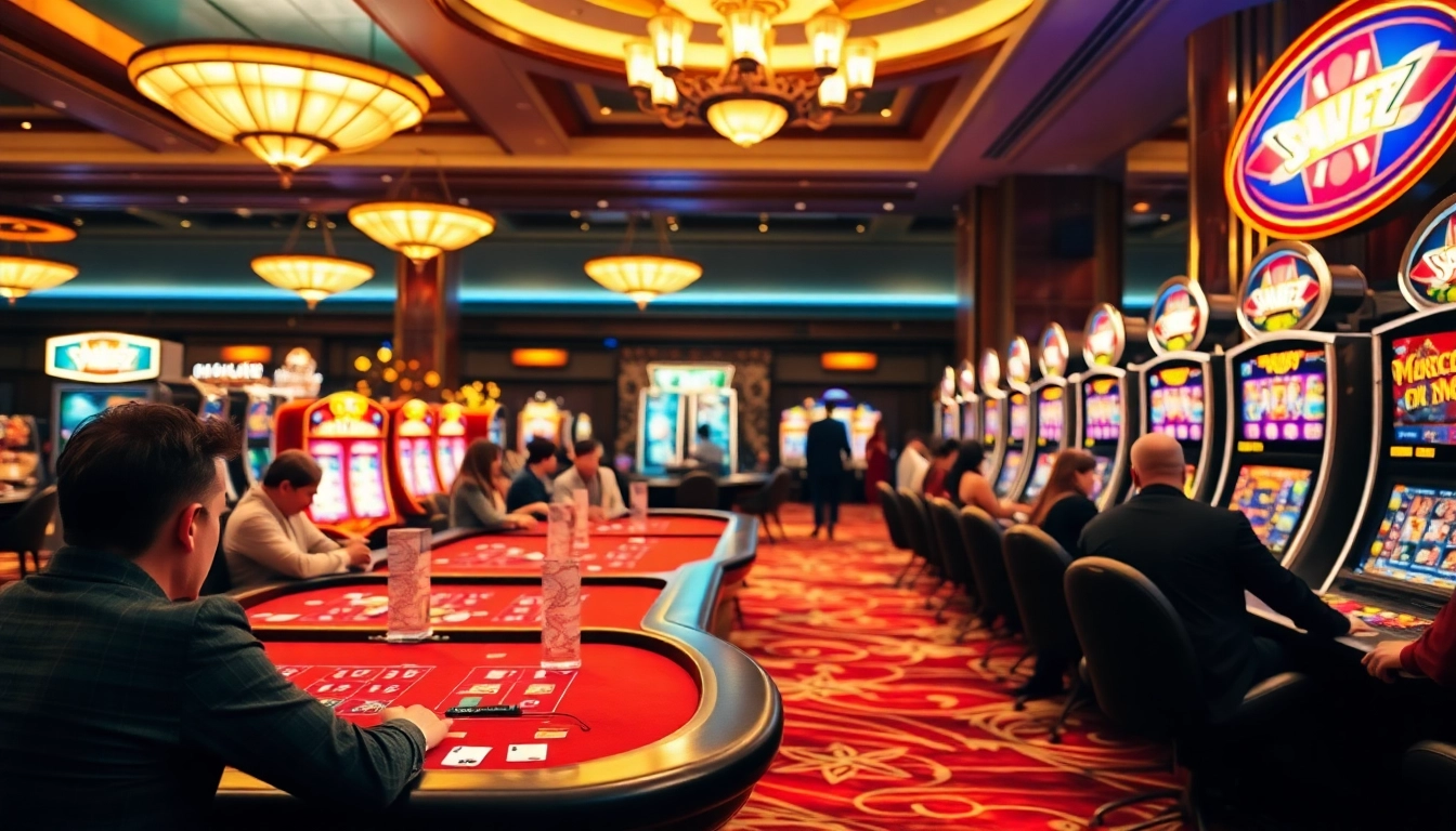 Vibrant casinos en ligne scene with engaging players and luxurious gaming tables.