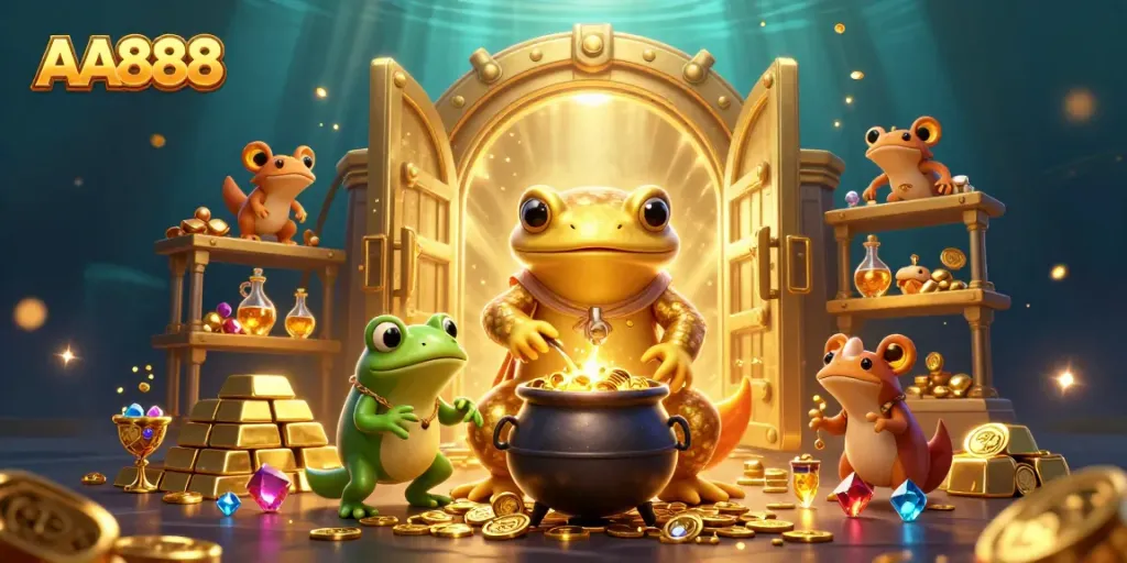 Engage in thrilling gameplay with AA888, featuring vibrant gold treasures and playful characters.