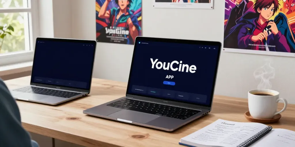 Baixar o APK do Youcine em um ambiente moderno com laptop e smartphone.