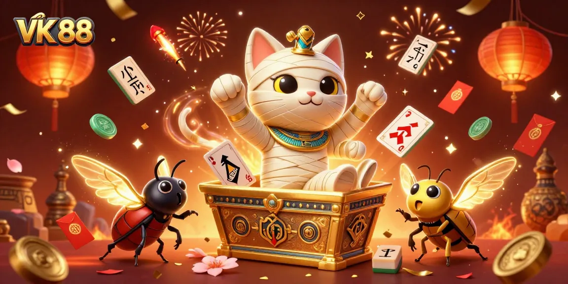 Spin reels with the VK 88 Egyptian mummy cat in a vibrant casino scene.