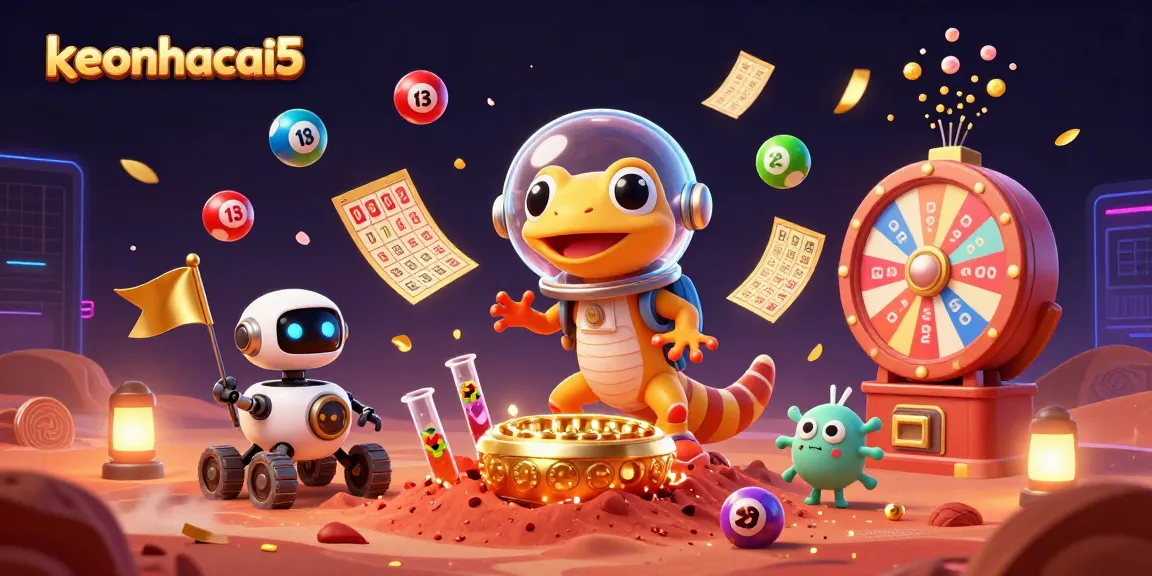 Win big with keonhacai5 in a vibrant casino scene with colorful lottery elements.