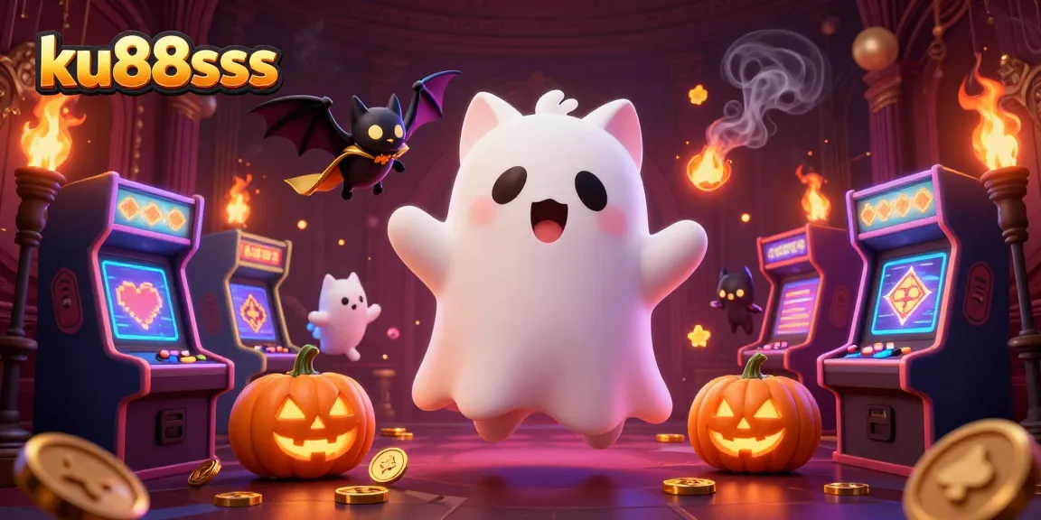 Engage in thrilling experiences with ku88sss as a ghost cat navigates a vibrant casino, enhanced by glowing game elements.
