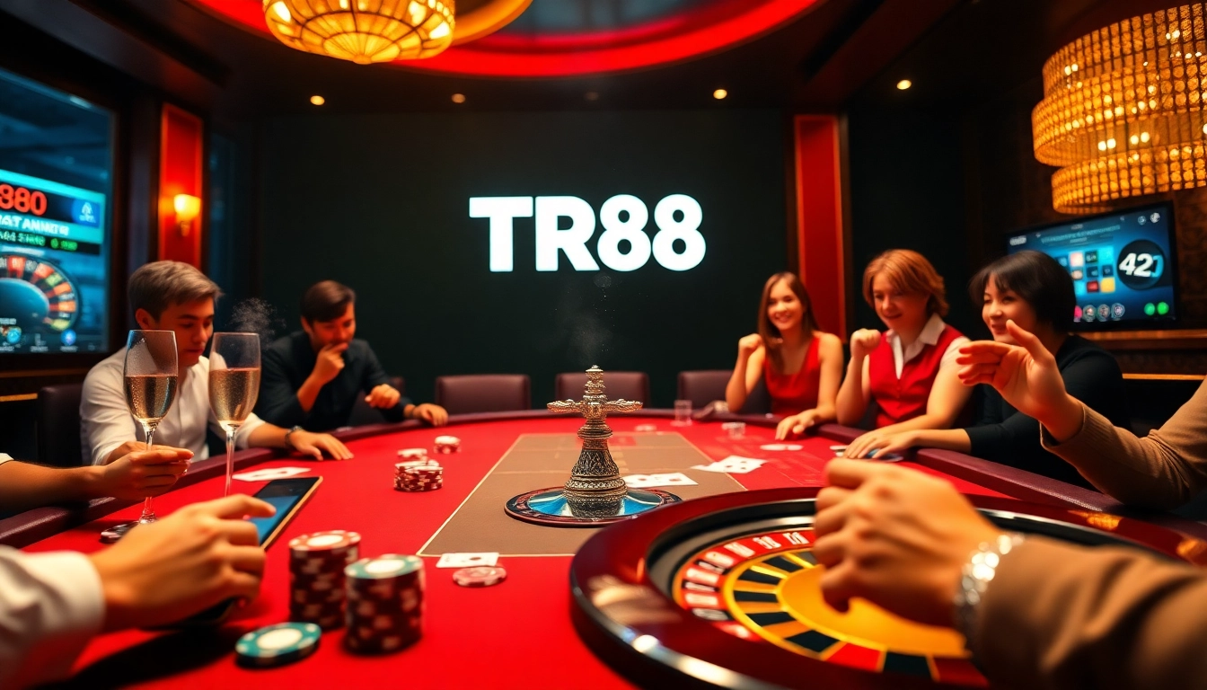 TR88 players enjoying a vibrant casino atmosphere with poker chips and roulette wheel