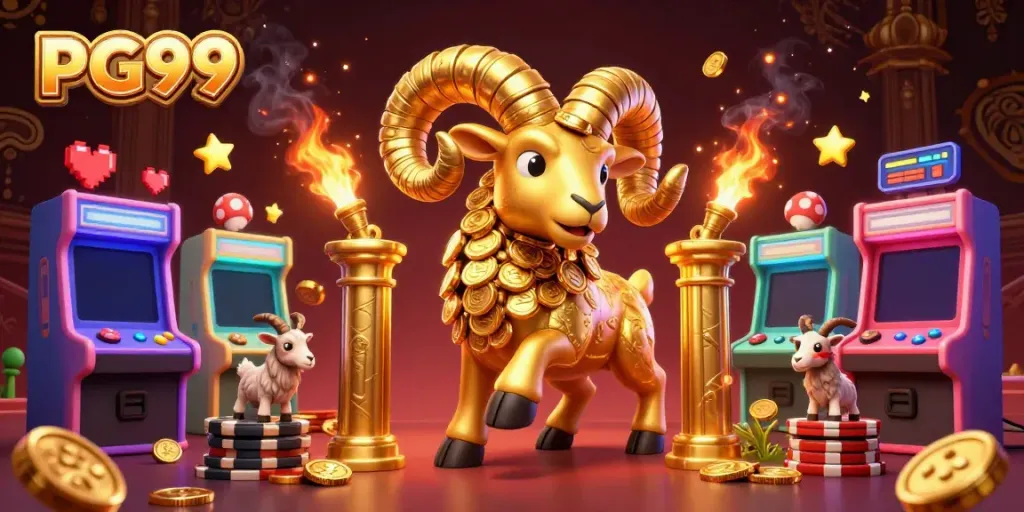 Engaging PG99 gaming scene showing a golden ram charging at a casino gate, vibrant arcade elements surrounding
