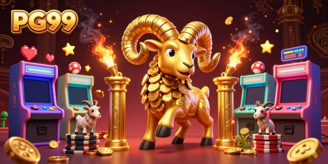 Engaging PG99 gaming scene showing a golden ram charging at a casino gate, vibrant arcade elements surrounding
