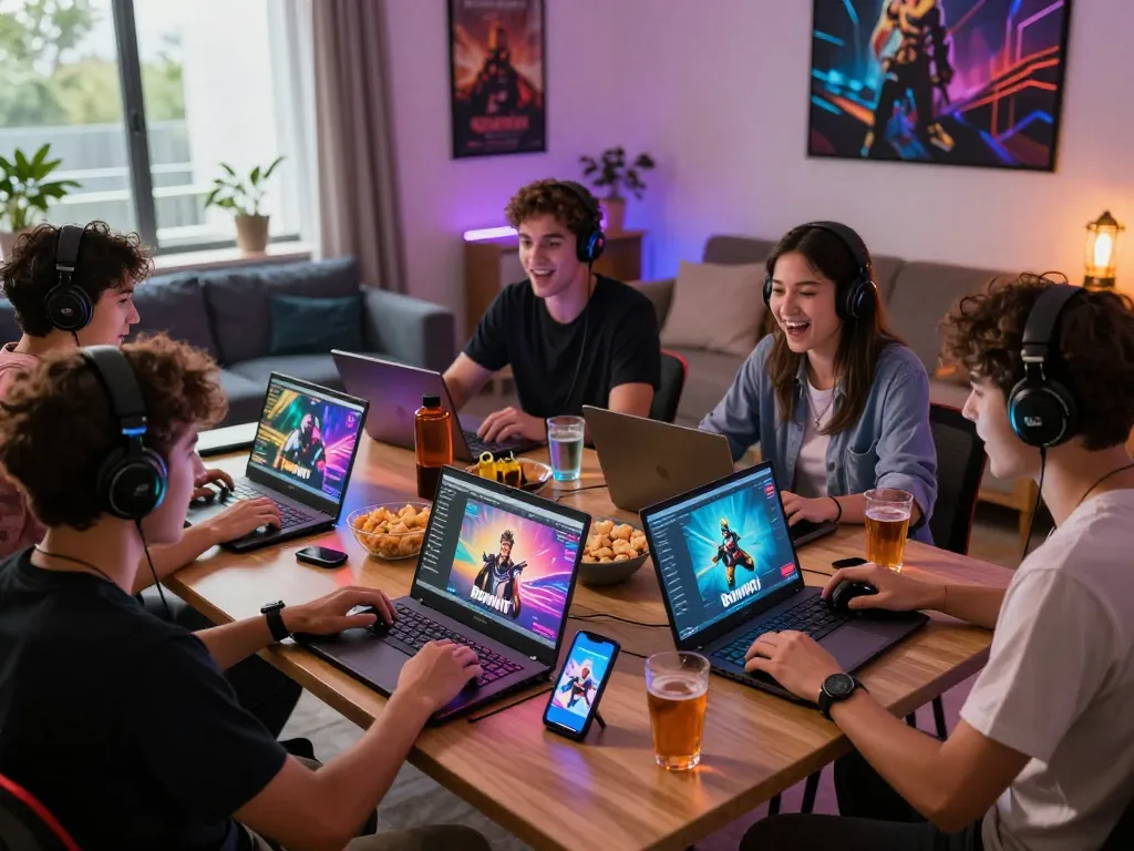 Engaged friends playing Bomwin online in a vibrant gaming setup.