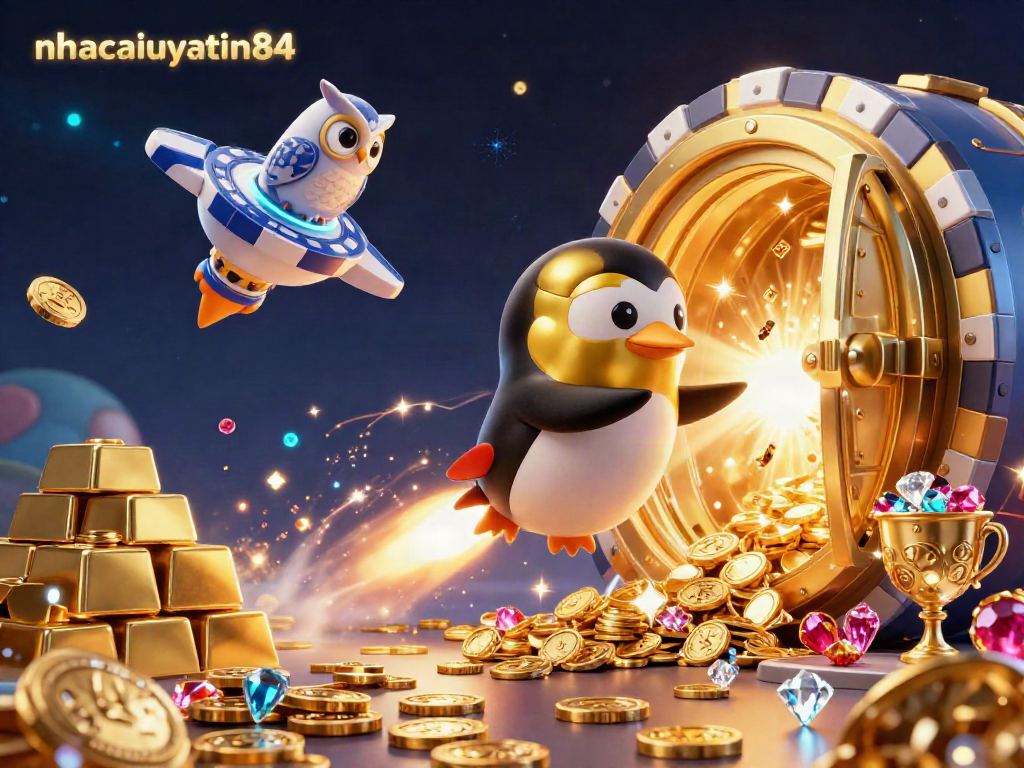 Experience the thrill of gaming with nhacaiuytin84 as a golden penguin blasts towards a vibrant casino space station.
