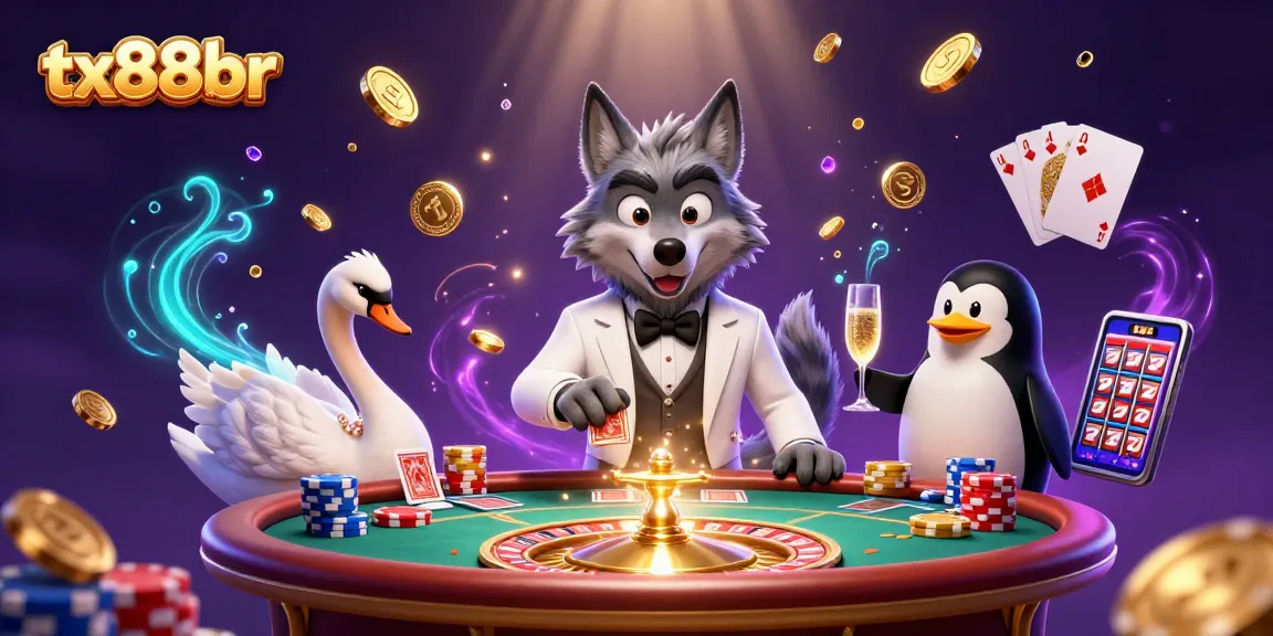 Experience thrilling gameplay at tx88br with an elegant wolf and swan at a baccarat table amidst sparkling casino elements.