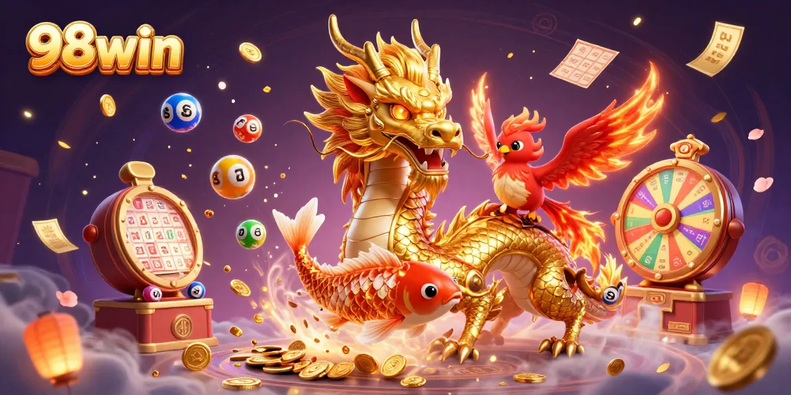 Engage with vibrant 98win gaming visuals featuring a dragon, phoenix, and koi in a casino atmosphere.
