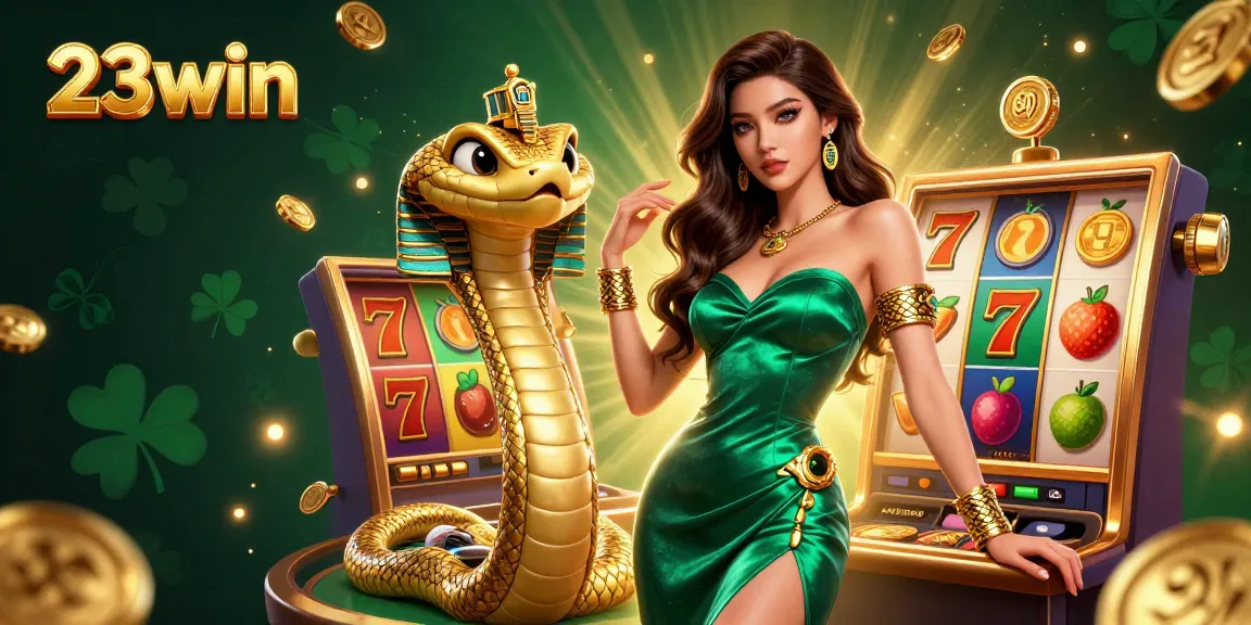 Experience the thrill of 23win with vibrant slot machines and a glamorous hostess in a dynamic casino scene.
