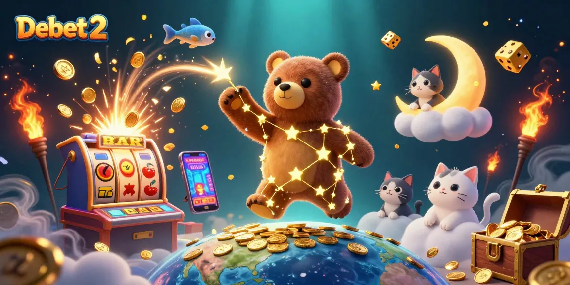 Experience the fun at Debet 2, where a golden constellation bear reaches for coins amid dynamic casino elements.