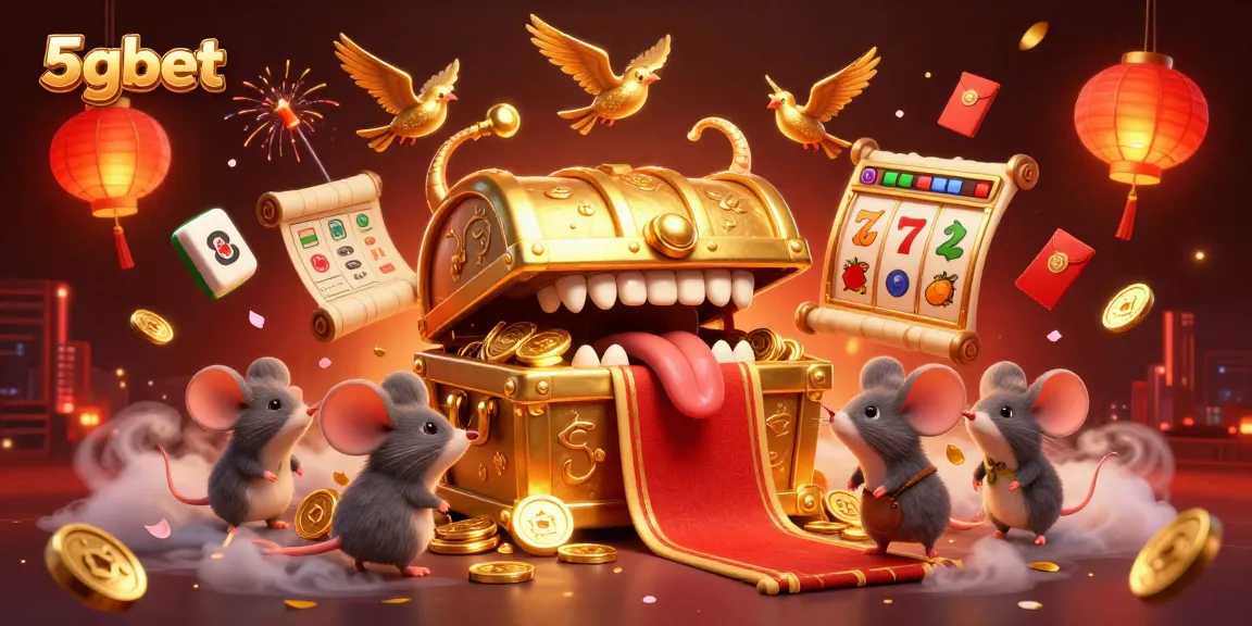 Experience the vibrant world of 5gbet with exciting slot reels and a treasure chest, rich in detail.