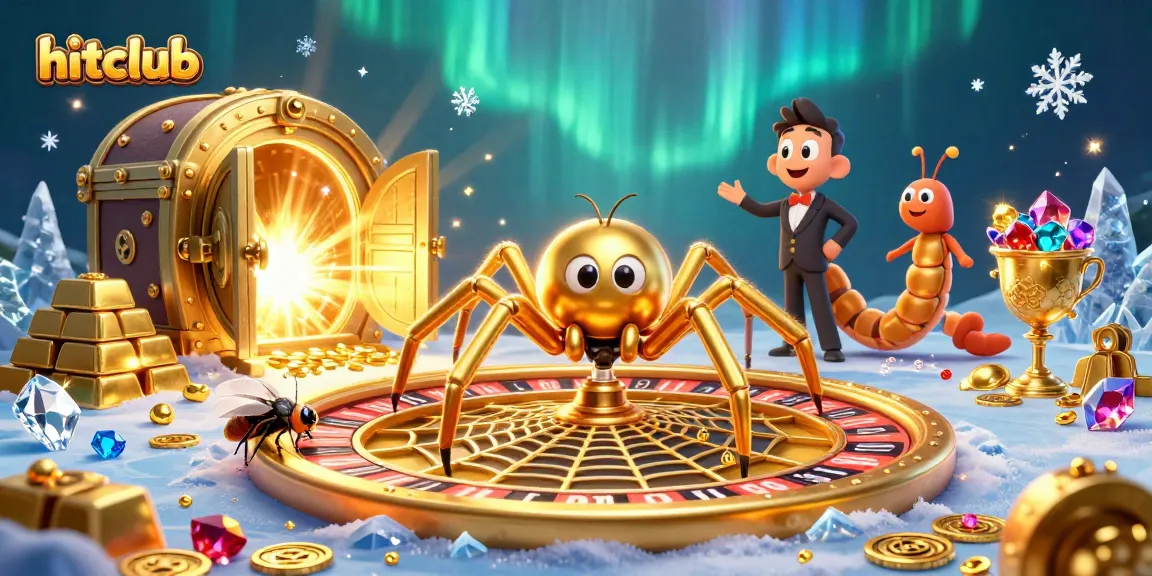 hitclub spider spins a golden roulette web as a fly places bets in a vibrant casino scene