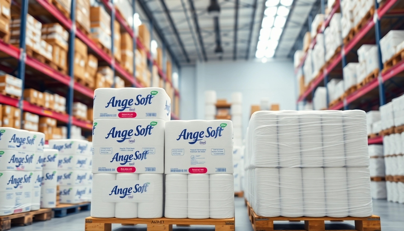 Stacked Angel Soft Toilet Paper Pallets showcasing organized distribution in a bright warehouse.