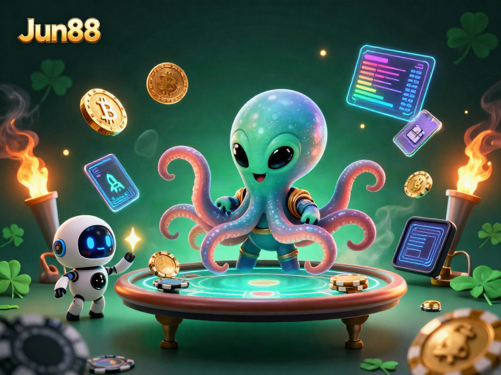 Play poker with Jun88 alien octopus in a vibrant cosmic casino scene filled with glowing crypto elements.