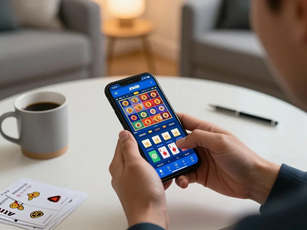 Xwin app displayed on smartphone during an engaging online gaming session in a cozy home environment.