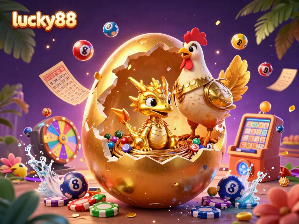 Experience the golden excitement of lucky88 with a vibrant casino-themed 3D illustration featuring a baby dragon and colorful lottery elements.